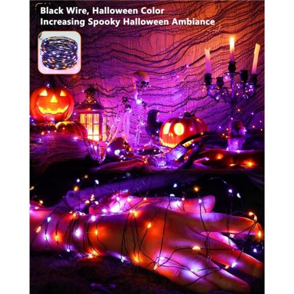Orange & Purple Halloween Lights, 2 Pack Total 78FT 240 LED Solar Halloween - Picture 2 of 7
